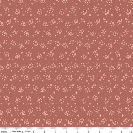 Image of Rosewood Posy Dusty Rose quilting cotton fabric by Jessica Chertkow for Riley Blake Designs. Features flowers on a pink background. Cute Little Fabric Shop.