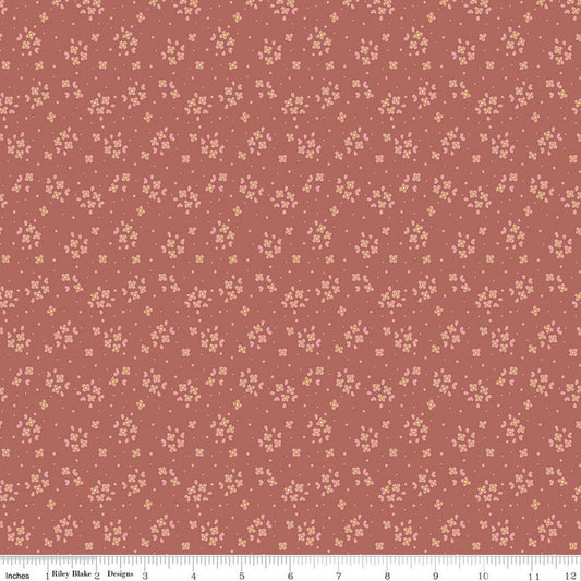 Image of Rosewood Posy Dusty Rose quilting cotton fabric by Jessica Chertkow for Riley Blake Designs. Features flowers on a pink background. Cute Little Fabric Shop.