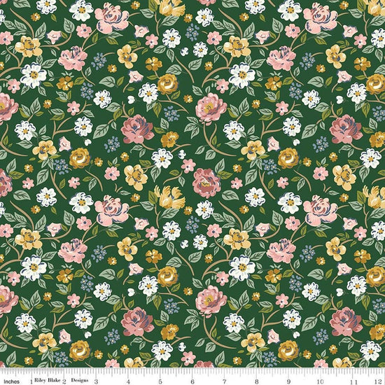 Image of Rosewood Garden Stroll Woodland quilting cotton fabric by Jessica Chertkow for Riley Blake Designs. Features flowers on a green background. Cute Little Fabric Shop.