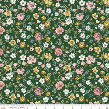 Image of Rosewood Garden Stroll Woodland quilting cotton fabric by Jessica Chertkow for Riley Blake Designs. Features flowers on a green background. Cute Little Fabric Shop.
