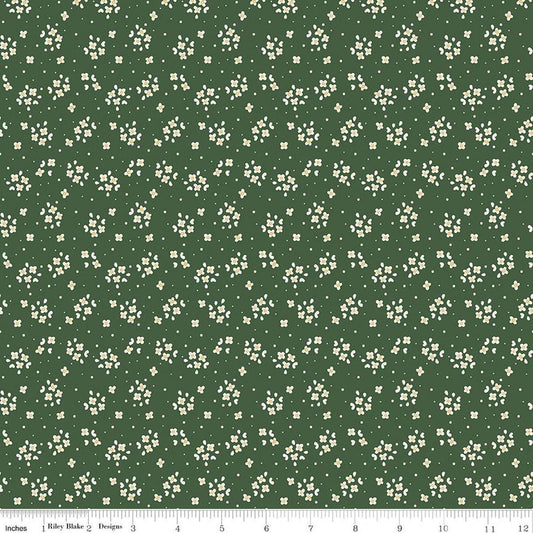 Image of Rosewood Posy Forest quilting cotton fabric by Jessica Chertkow for Riley Blake Designs. Features flowers on a green background. Cute Little Fabric Shop.