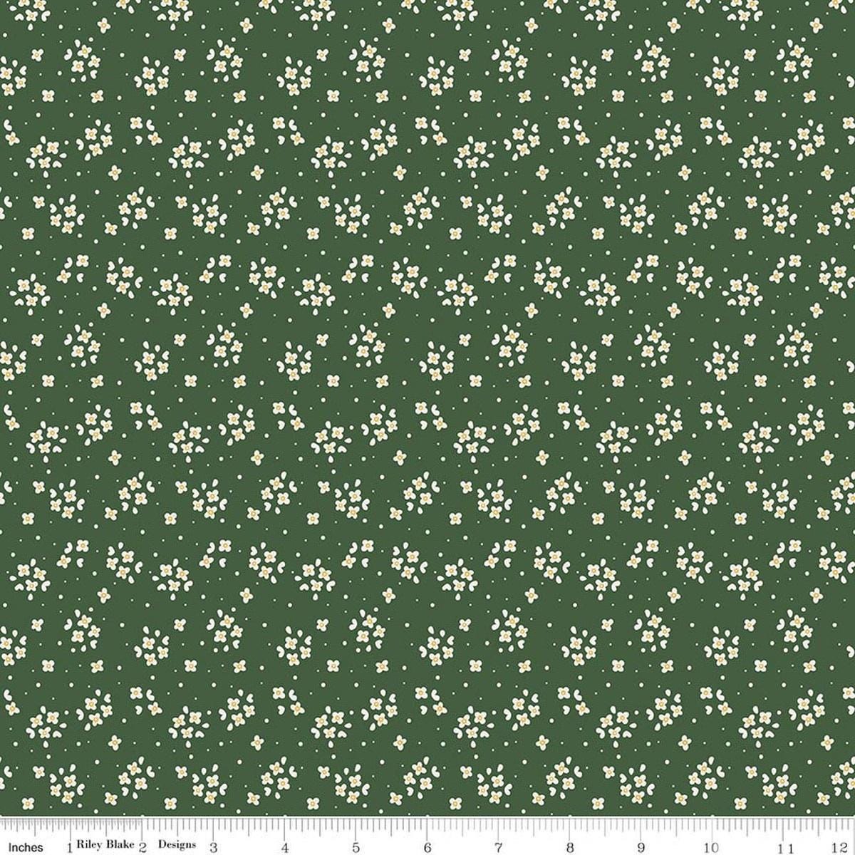 Image of Rosewood Posy Forest quilting cotton fabric by Jessica Chertkow for Riley Blake Designs. Features flowers on a green background. Cute Little Fabric Shop.