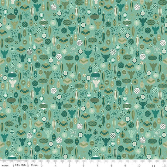 Image of Nutcracker Tradition Adorn the Tree Spearmint quilting cotton fabric by Jennifer Long for Riley Blake Designs. Features ornaments on a green background. Cute Little Fabric Shop.