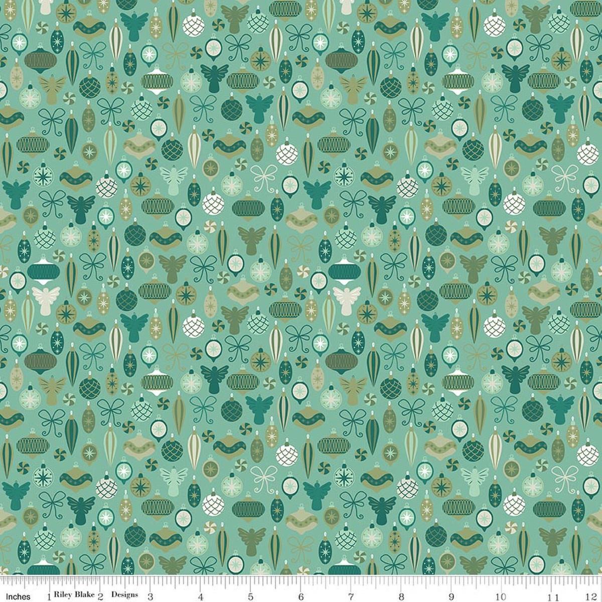 Image of Nutcracker Tradition Adorn the Tree Spearmint quilting cotton fabric by Jennifer Long for Riley Blake Designs. Features ornaments on a green background. Cute Little Fabric Shop.