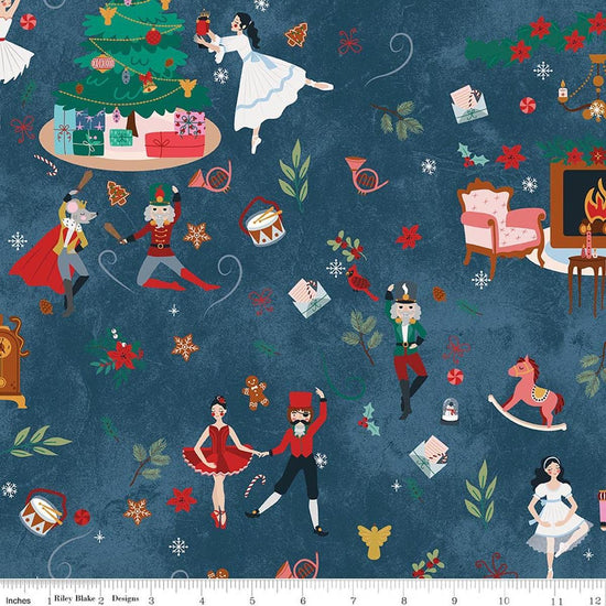 Image of Nutcracker Tradition Main Midnight quilting cotton fabric by Jennifer Long for Riley Blake Designs. Features nutcracker scenes on a blue background. Cute Little Fabric Shop.