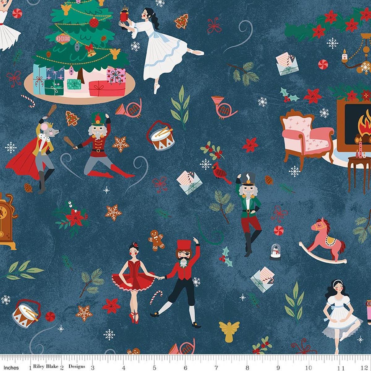 Image of Nutcracker Tradition Main Midnight quilting cotton fabric by Jennifer Long for Riley Blake Designs. Features nutcracker scenes on a blue background. Cute Little Fabric Shop.
