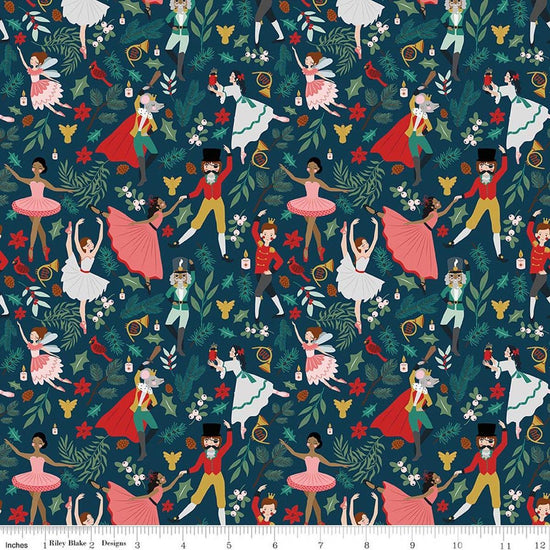 Image of Nutcracker Tradition Storybook Midnight quilting cotton fabric by Jennifer Long for Riley Blake Designs. Features leaves on a blue background. Cute Little Fabric Shop.
