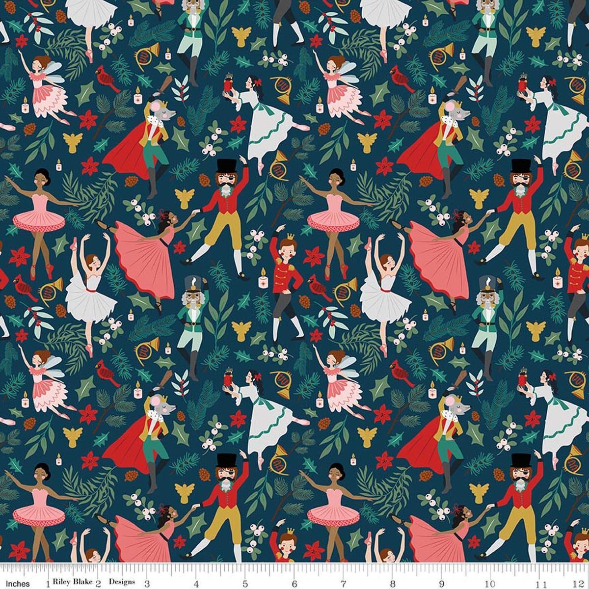 Image of Nutcracker Tradition Storybook Midnight quilting cotton fabric by Jennifer Long for Riley Blake Designs. Features leaves on a blue background. Cute Little Fabric Shop.