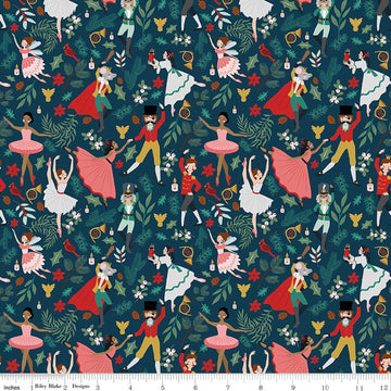 Image of Nutcracker Tradition Storybook Midnight quilting cotton fabric by Jennifer Long for Riley Blake Designs. Features leaves on a blue background. Cute Little Fabric Shop.