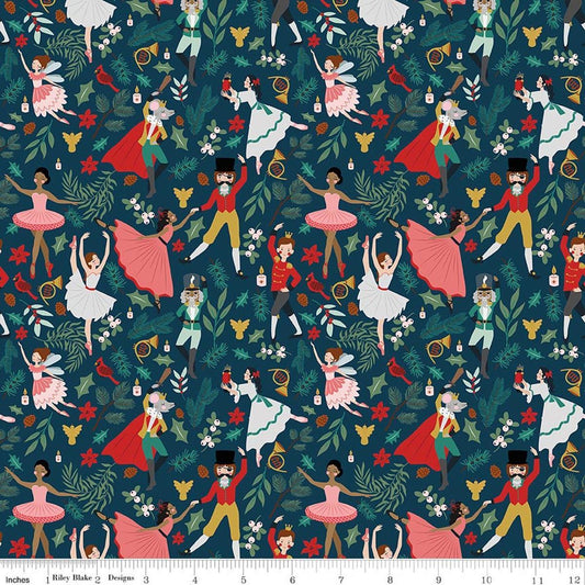 Image of Nutcracker Tradition Storybook Midnight quilting cotton fabric by Jennifer Long for Riley Blake Designs. Features leaves on a blue background. Cute Little Fabric Shop.