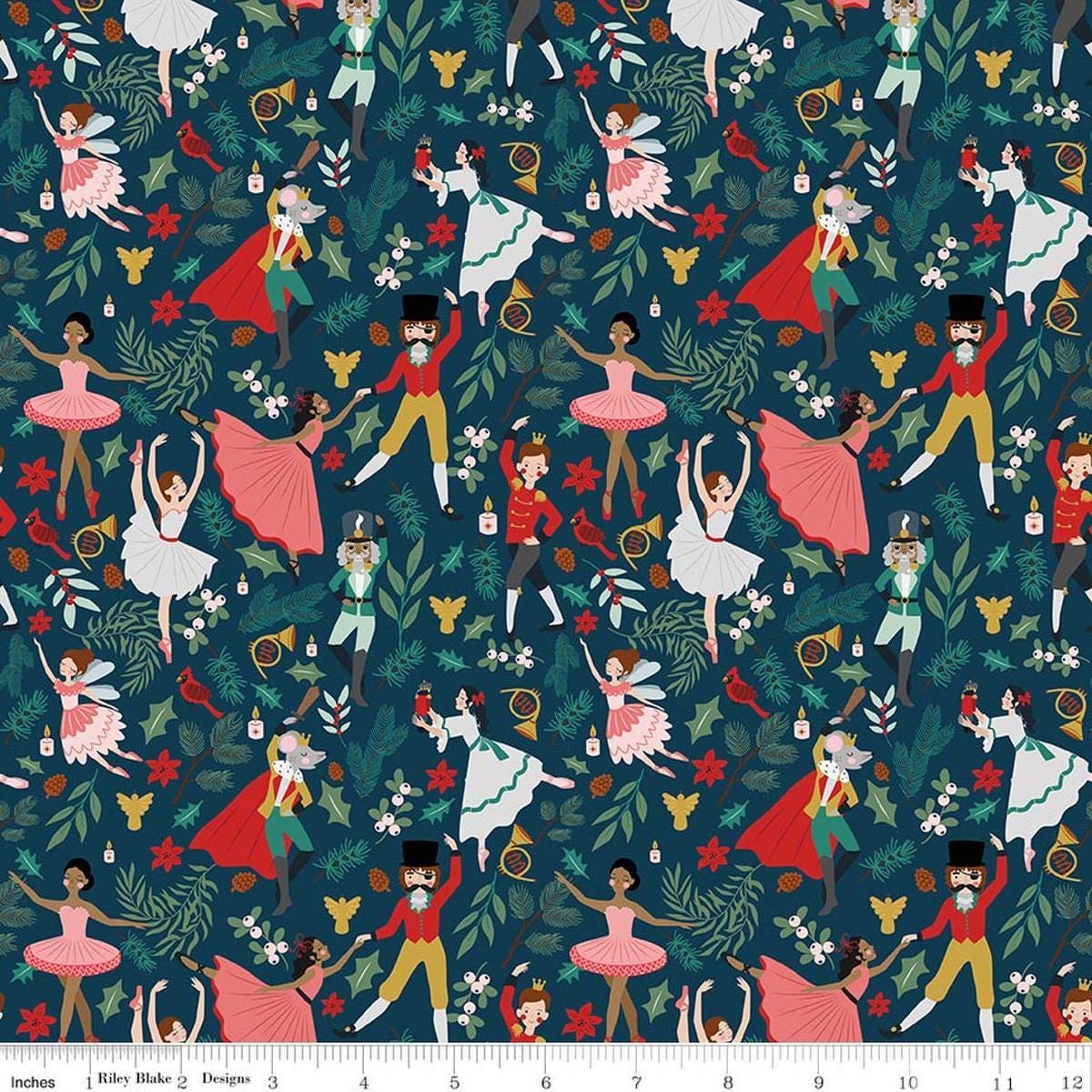 Image of Nutcracker Tradition Storybook Midnight quilting cotton fabric by Jennifer Long for Riley Blake Designs. Features leaves on a blue background. Cute Little Fabric Shop.