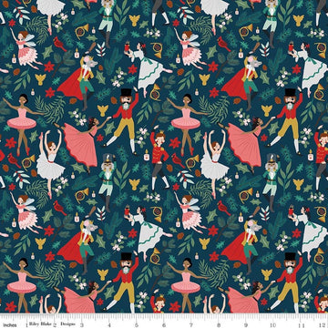 Image of Nutcracker Tradition Storybook Midnight quilting cotton fabric by Jennifer Long for Riley Blake Designs. Features leaves on a blue background. Cute Little Fabric Shop.