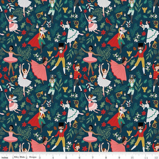 Image of Nutcracker Tradition Storybook Midnight quilting cotton fabric by Jennifer Long for Riley Blake Designs. Features leaves on a blue background. Cute Little Fabric Shop.