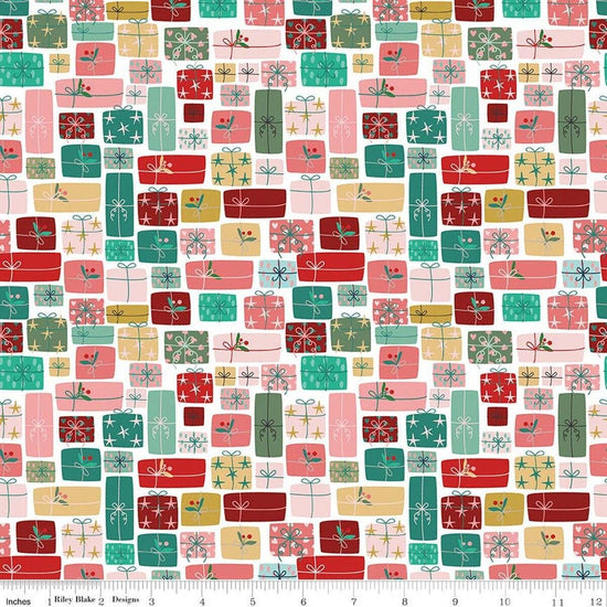 Image of Nutcracker Tradition Gifts of Giving Multi quilting cotton fabric by Jennifer Long for Riley Blake Designs. Features presents on a pink and blue background. Cute Little Fabric Shop.