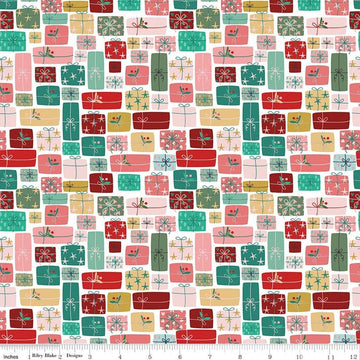 Image of Nutcracker Tradition Gifts of Giving Multi quilting cotton fabric by Jennifer Long for Riley Blake Designs. Features presents on a pink and blue background. Cute Little Fabric Shop.