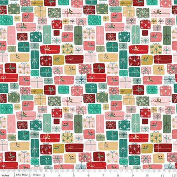 Image of Nutcracker Tradition Gifts of Giving Multi quilting cotton fabric by Jennifer Long for Riley Blake Designs. Features presents on a pink and blue background. Cute Little Fabric Shop.