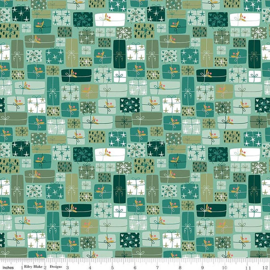 Image of Nutcracker Tradition Gifts of Giving Spearmint quilting cotton fabric by Jennifer Long for Riley Blake Designs. Features presents on a green background. Cute Little Fabric Shop.