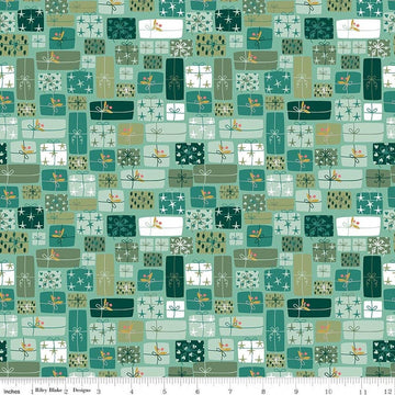 Image of Nutcracker Tradition Gifts of Giving Spearmint quilting cotton fabric by Jennifer Long for Riley Blake Designs. Features presents on a green background. Cute Little Fabric Shop.