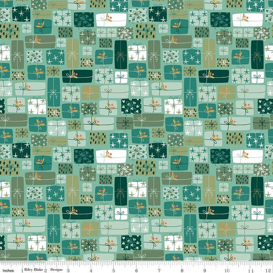 Image of Nutcracker Tradition Gifts of Giving Spearmint quilting cotton fabric by Jennifer Long for Riley Blake Designs. Features presents on a green background. Cute Little Fabric Shop.