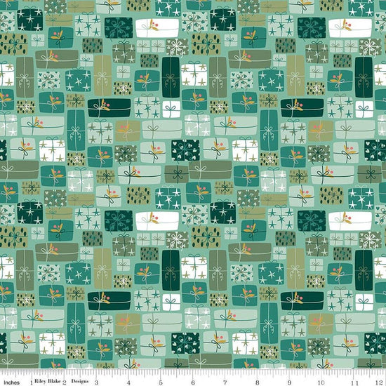 Image of Nutcracker Tradition Gifts of Giving Spearmint quilting cotton fabric by Jennifer Long for Riley Blake Designs. Features presents on a green background. Cute Little Fabric Shop.