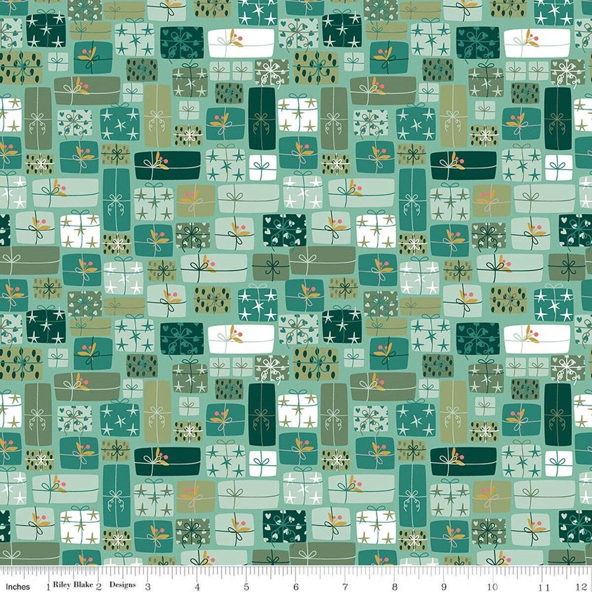 Image of Nutcracker Tradition Gifts of Giving Spearmint quilting cotton fabric by Jennifer Long for Riley Blake Designs. Features presents on a green background. Cute Little Fabric Shop.