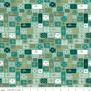 Image of Nutcracker Tradition Gifts of Giving Spearmint quilting cotton fabric by Jennifer Long for Riley Blake Designs. Features presents on a green background. Cute Little Fabric Shop.