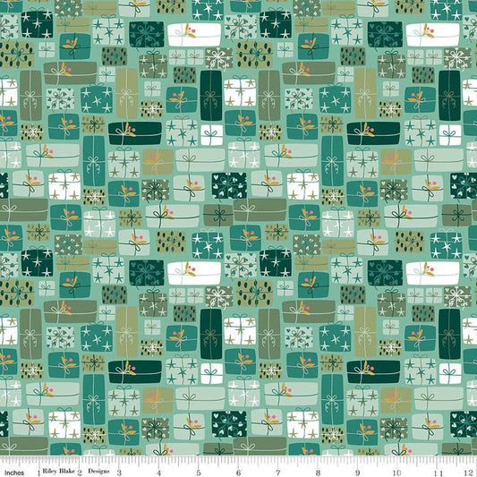 Image of Nutcracker Tradition Gifts of Giving Spearmint quilting cotton fabric by Jennifer Long for Riley Blake Designs. Features presents on a green background. Cute Little Fabric Shop.