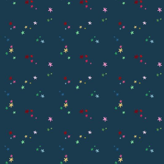 Image of Nutcracker Tradition Christmas Magic Midnight quilting cotton fabric by Jennifer Long for Riley Blake Designs. Features stars on a blue background. Cute Little Fabric Shop.