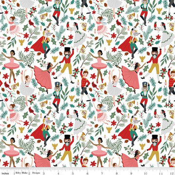 Image of Nutcracker Tradition Storybook Snow quilting cotton fabric by Jennifer Long for Riley Blake Designs. Features leaves on a white background. Cute Little Fabric Shop.
