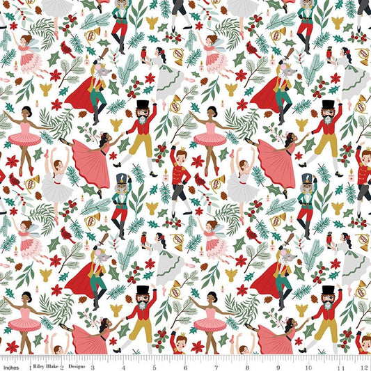 Image of Nutcracker Tradition Storybook Snow quilting cotton fabric by Jennifer Long for Riley Blake Designs. Features leaves on a white background. Cute Little Fabric Shop.