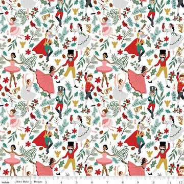Image of Nutcracker Tradition Storybook Snow quilting cotton fabric by Jennifer Long for Riley Blake Designs. Features leaves on a white background. Cute Little Fabric Shop.