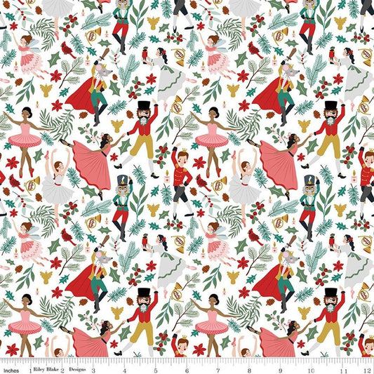 Image of Nutcracker Tradition Storybook Snow quilting cotton fabric by Jennifer Long for Riley Blake Designs. Features leaves on a white background. Cute Little Fabric Shop.