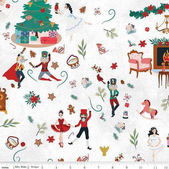 Image of Nutcracker Tradition Main Snow quilting cotton fabric by Jennifer Long for Riley Blake Designs. Features nutcracker scenes on a white background. Cute Little Fabric Shop.