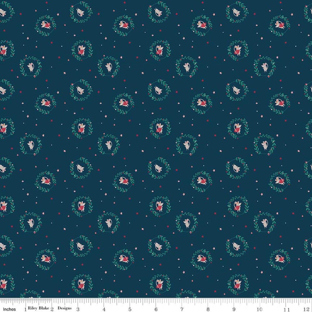 Image of Nutcracker Tradition Christmas Mice Midnight quilting cotton fabric by Jennifer Long for Riley Blake Designs. Features tiny dots and stars on a blue background. Cute Little Fabric Shop.