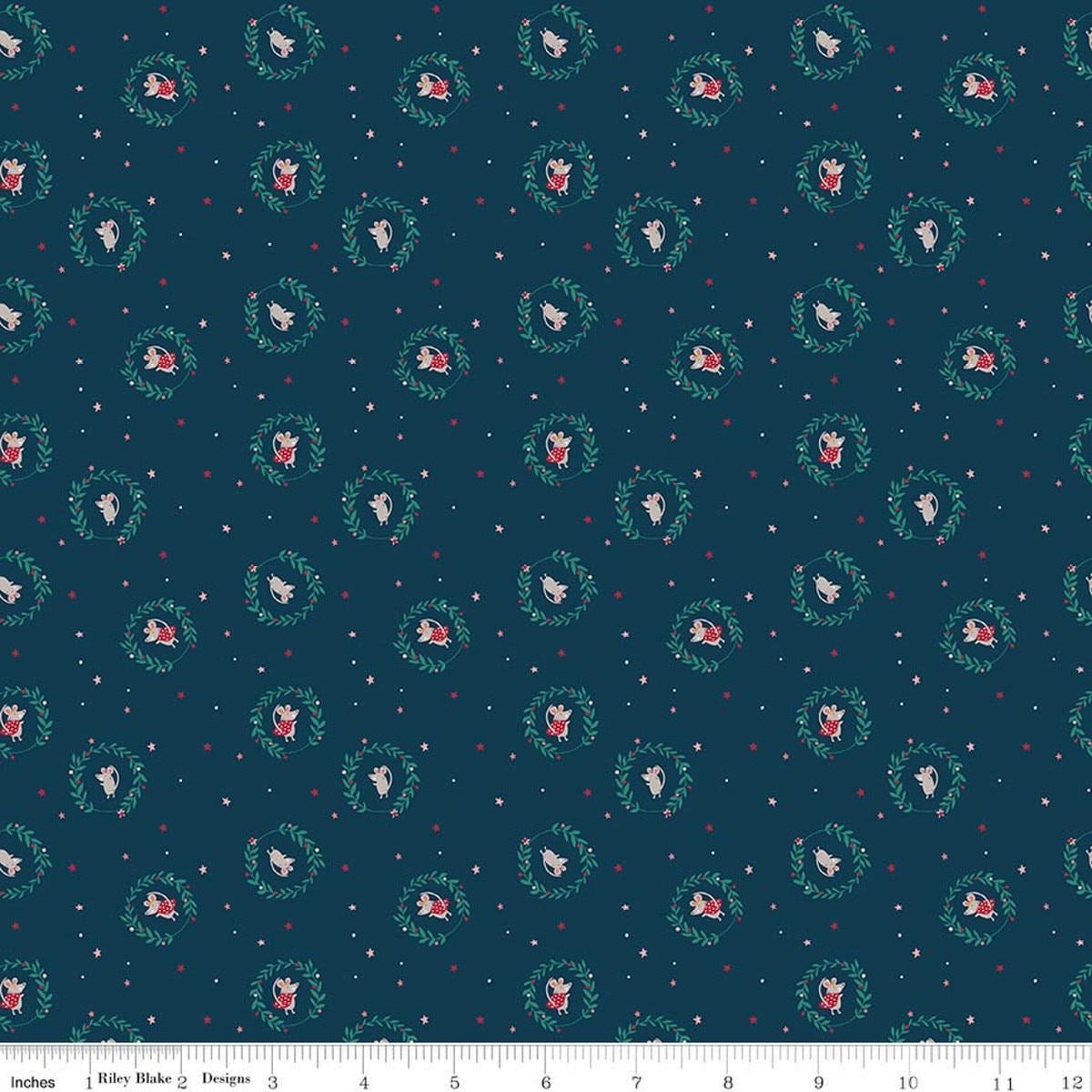 Image of Nutcracker Tradition Christmas Mice Midnight quilting cotton fabric by Jennifer Long for Riley Blake Designs. Features tiny dots and stars on a blue background. Cute Little Fabric Shop.