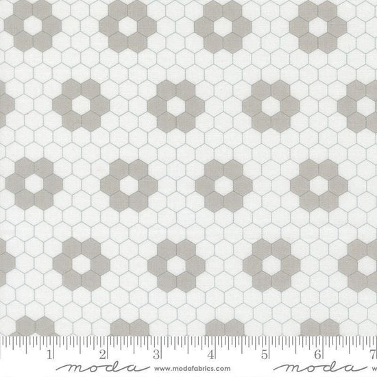 Image of A Cat Named Stitch Hexagons Cream Grey quilting cotton fabric by Camille Roskelley for Riley Blake Designs. Features hexagons on a cream background. Cute Little Fabric Shop.