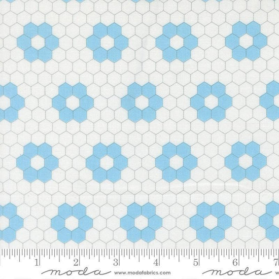 Image of A Cat Named Stitch Hexagons Cream Sky quilting cotton fabric by Camille Roskelley for Riley Blake Designs. Features hexagons on a cream background. Cute Little Fabric Shop.