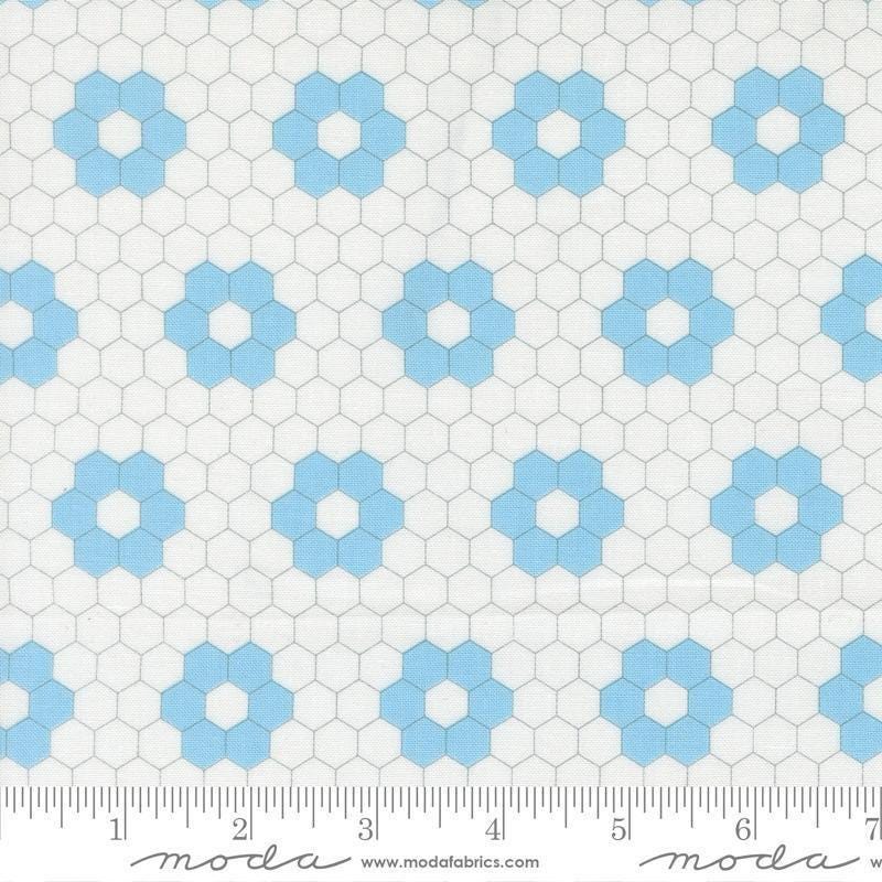 Image of A Cat Named Stitch Hexagons Cream Sky quilting cotton fabric by Camille Roskelley for Riley Blake Designs. Features hexagons on a cream background. Cute Little Fabric Shop.