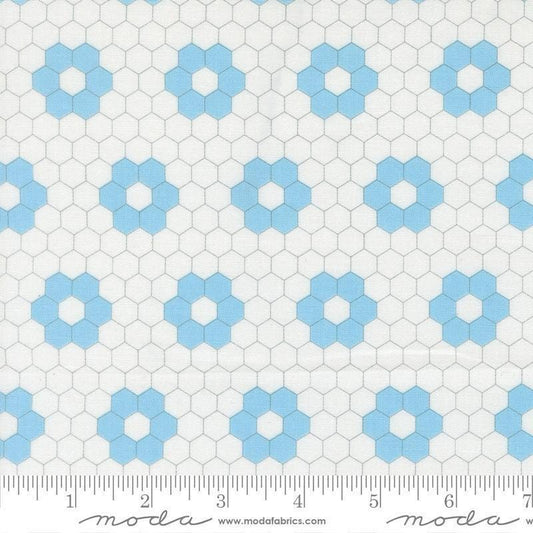 Image of A Cat Named Stitch Hexagons Cream Sky quilting cotton fabric by Camille Roskelley for Riley Blake Designs. Features hexagons on a cream background. Cute Little Fabric Shop.