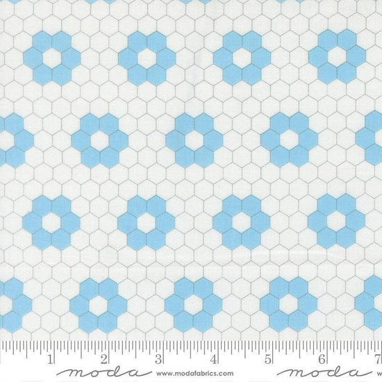 Image of A Cat Named Stitch Hexagons Cream Sky quilting cotton fabric by Camille Roskelley for Riley Blake Designs. Features hexagons on a cream background. Cute Little Fabric Shop.