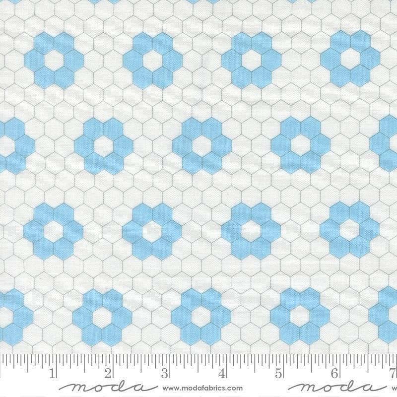 Image of A Cat Named Stitch Hexagons Cream Sky quilting cotton fabric by Camille Roskelley for Riley Blake Designs. Features hexagons on a cream background. Cute Little Fabric Shop.