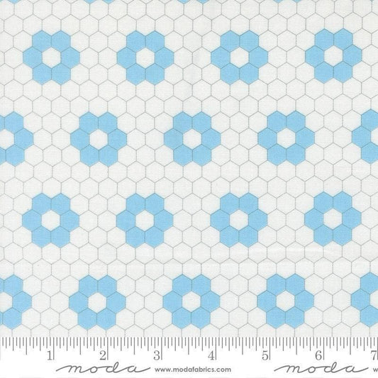 Image of A Cat Named Stitch Hexagons Cream Sky quilting cotton fabric by Camille Roskelley for Riley Blake Designs. Features hexagons on a cream background. Cute Little Fabric Shop.