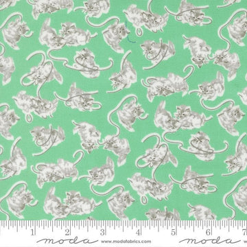 Image of A Cat Named Stitch Kitten Green quilting cotton fabric by Camille Roskelley for Riley Blake Designs. Features cats on a green background. Cute Little Fabric Shop.
