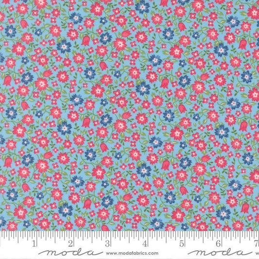Image of A Cat Named Stitch Lucky Sky quilting cotton fabric by Camille Roskelley for Riley Blake Designs. Features flowers on a blue background. Cute Little Fabric Shop.
