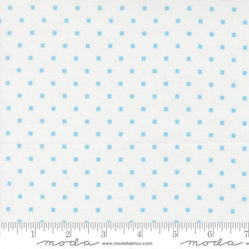 Image of A Cat Named Stitch Cosmo Cream Sky quilting cotton fabric by Camille Roskelley for Riley Blake Designs. Features polka dot squares on a cream background. Cute Little Fabric Shop.