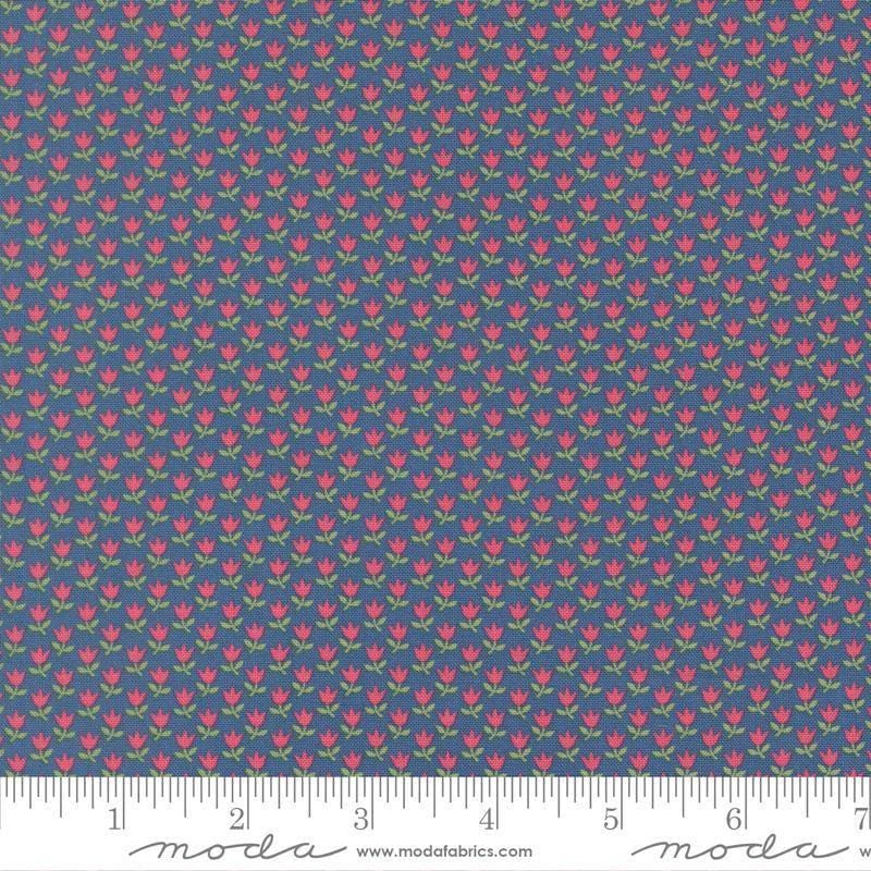 Image of A Cat Named Stitch June Sea quilting cotton fabric by Camille Roskelley for Riley Blake Designs. Features flowers on a blue background. Cute Little Fabric Shop.