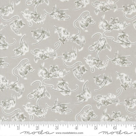 Image of A Cat Named Stitch Kitten Grey quilting cotton fabric by Camille Roskelley for Riley Blake Designs. Features cats on a gray background. Cute Little Fabric Shop.