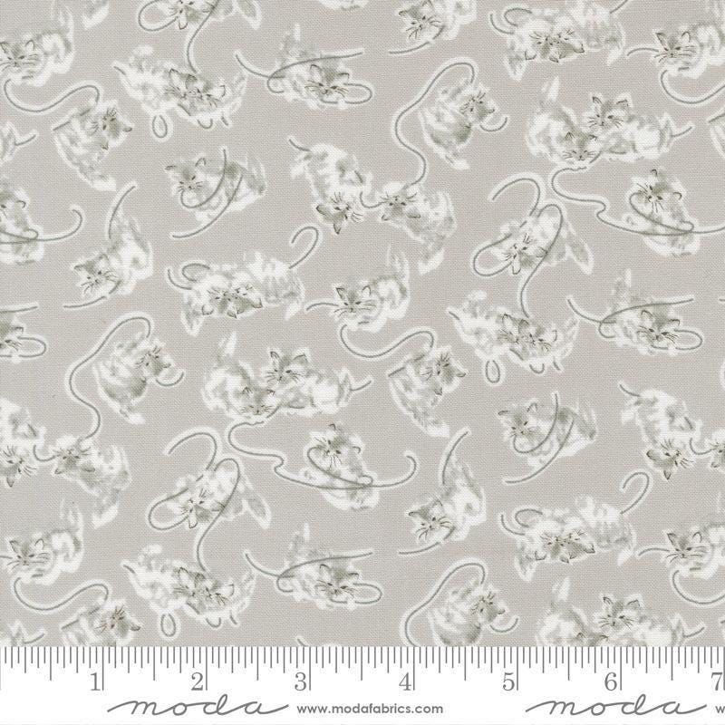 Image of A Cat Named Stitch Kitten Grey quilting cotton fabric by Camille Roskelley for Riley Blake Designs. Features cats on a gray background. Cute Little Fabric Shop.