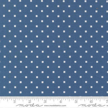 Image of A Cat Named Stitch Cosmo Sea quilting cotton fabric by Camille Roskelley for Riley Blake Designs. Features polka dot squares on a blue background. Cute Little Fabric Shop.