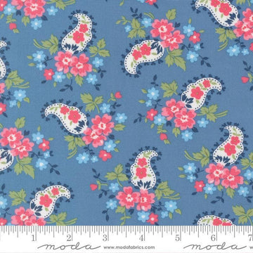 Image of A Cat Named Stitch Paisley Blue quilting cotton fabric by Camille Roskelley for Riley Blake Designs. Features paisley and flowers on a blue background. Cute Little Fabric Shop.